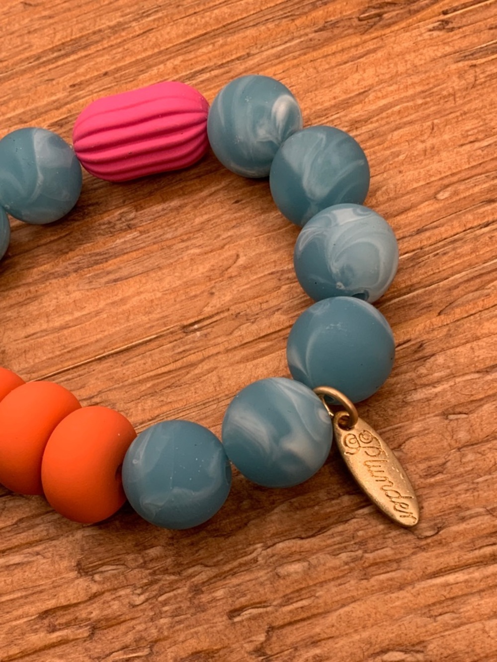 Plunder Designs Blue Marble Acrylic Beads Orange Pink Accents Stretchy Bracelet